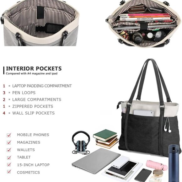 Women's Work Bag with Laptop Compartment Zipper Pockets Teacher Totes Purse - Picture 4 of 5